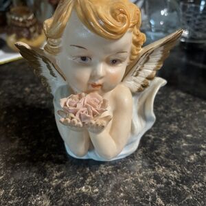 Cherubic Angel Figurine with Pink Roses